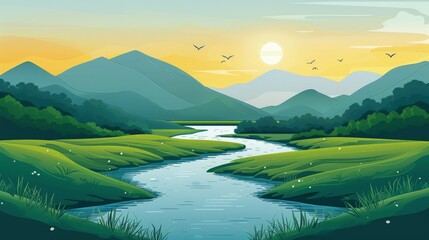 Wall Mural - Serene River Winding Through Green Valley