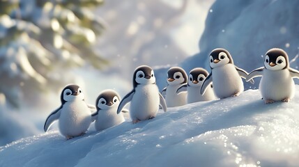 Wall Mural - A group of cute penguins waddle on a snow covered hill in a winter wonderland.