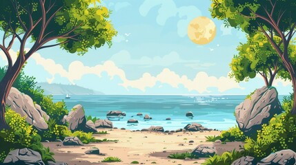 Wall Mural - Seascape with Two Trees, Rocks, and a Distant Sailboat