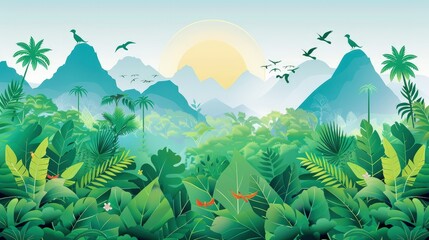 Wall Mural - Sunrise Over Lush Jungle Landscape