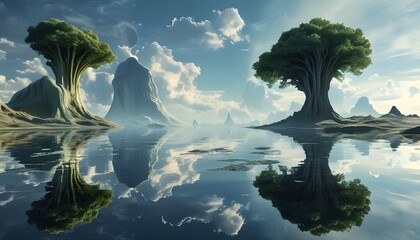 Wall Mural - Enigmatic Alien Terrain Featuring Grand Trees and Shimmering Waters