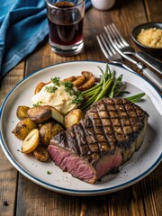 Savory steak and roasted vegetables on a rustic plate.