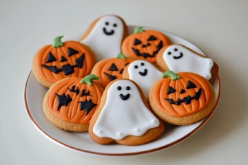 Decoratively designed Halloween cookies on a plate featuring pumpkins and ghosts in autumn colors