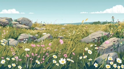 Wall Mural - Summer Meadow with Flowers and Rocks