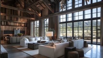 Poster - Rustic Modern Living Room with Mountain Views