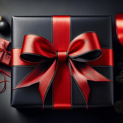 Wall Mural - Elegant black gift box with red ribbon and bow, perfect for special occasions.