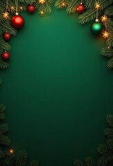 An elegant green holiday backdrop decorated with pine branches, ornaments, and twinkling lights