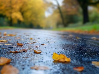 Wall Mural - wet asphalt road with fallen autumn leaves in a park.