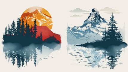 Wall Mural - Dual Mountain Landscapes: Sunset and Snow