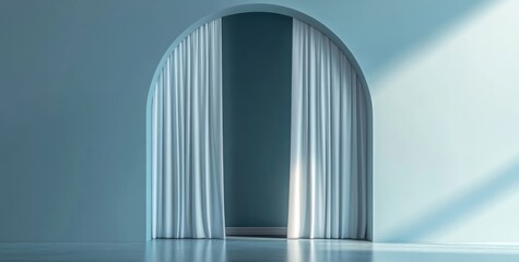 Wall Mural - An arch with a white curtain on a blue wall background.