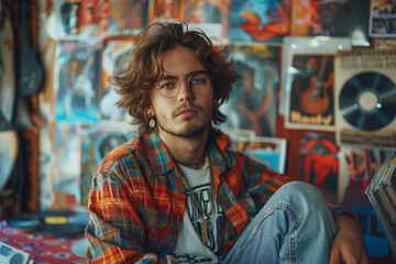 Wall Mural - Confident, stylish young man with a beard and sunglasses, posing with a cool, modern vibe in a studio setting.