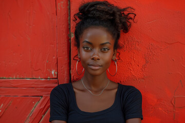 Wall Mural - Young African woman with a stylish hairstyle and cheerful smile, posing gracefully in a studio setting, exuding beauty and confidence.