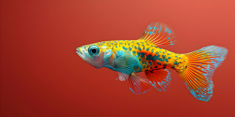 A Colorful Fish Swims Against a Red Background,  A Burst of Color and Life