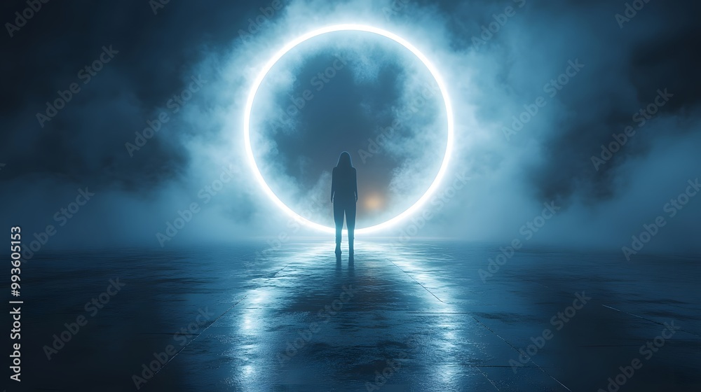 A lone figure stands in a smoky, futuristic landscape, gazing at a ...