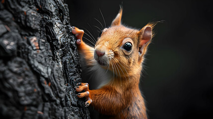 A Curious Squirrel Peeking from Behind a Tree Trunk, a Perfect Copy Space for Your Creative Ideas