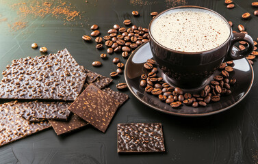 A glass of milk with chocolate chips on the bottom and a plate of chocolate chips on the table.