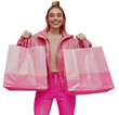 © Karina - Young woman joyfully holding pink shopping bags in stylish attire