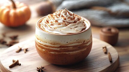 Cup of pumpkin spice latte with whipped cream and cinnamon on wooden board.