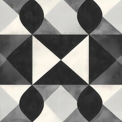 Geometric pattern in black, white, and gray on textured surface.