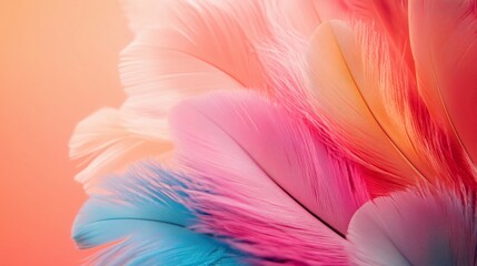 Poster - Close-up of colorful feathers on a pink background with copy space