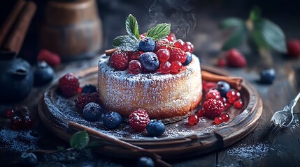 Wall Mural - A small cheesecake topped with fresh berries, powdered sugar, and cinnamon sticks on a wooden plate.