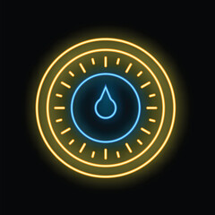 Poster - Glowing neon line water meter icon isolated on black background with blue water drop vector illustration