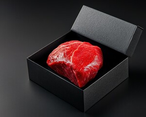 A vibrant piece of fresh red meat elegantly presented in a black box, perfect for gourmet preparation or food photography. Ideal for culinary use.