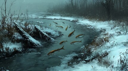 Wall Mural - A group of fish swim in a frozen river, surrounded by snow-covered trees.