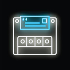 Poster - Neon icon of a floppy disk saving a document, with an envelope symbol glowing in blue