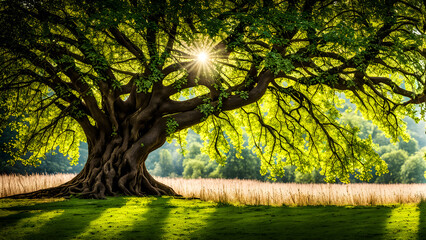 A huge tree with a green natural background, sunlight shining through the branches, and lush greenery