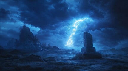 A vast, barren landscape under the wrath of a storm, where electric blue lightning strikes near an ancient stone podium, glowing amidst the chaos