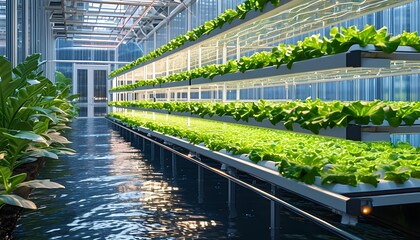 Futuristic hydroponics vertical farm in a high-tech greenhouse laboratory featuring advanced hologram technology