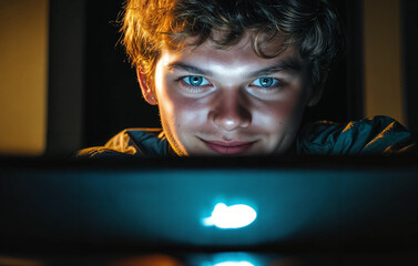 Wall Mural - a young man with curly hair, smiling and looking at a laptop screen.