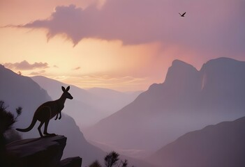 A kangaroo silhouette in a vibrant sunset landscape with mountains, clouds, and a flying bird