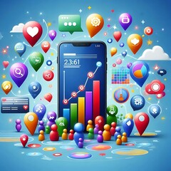 A creative representation of a mobile app marketing strategy with colorful bubbles of engagement, showing reactions and interactions around a smartphone