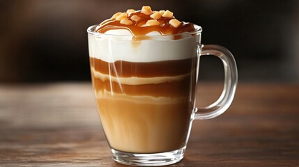 Poster - Iced coffee with caramel and whipped cream in a clear glass mug on a wooden table.