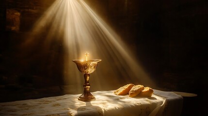 Wall Mural - A golden chalice and bread on a white tablecloth in a dim, raylit room.