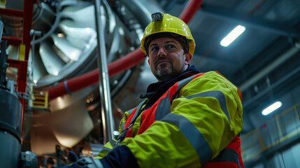 maintenance engineer in safety helmet and high visibility jacket works diligently near large turbine. industrial setting highlights importance of safety and precision in engineering tasks