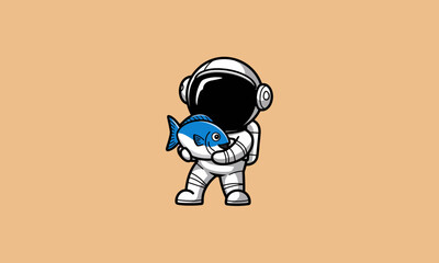 Wall Mural - Cartoon astronaut holding a blue fish in both hands.