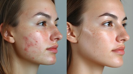 Wall Mural - Close-up of a woman's face showing before and after of natural acne treatment Visible reduction in redness, smoother skin texture, and even complexion