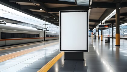 Wall Mural - Bright white billboards showcasing advertisements at a bustling train station