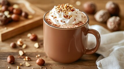 Poster - Mug of hot chocolate with whipped cream and hazelnuts on a wooden table.