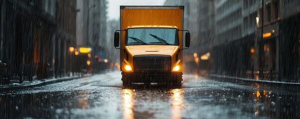 A delivery truck driving through a rain-soaked city street, symbolizing the resilience of delivery services in all weather conditions Delivery in the rain, Resilient service