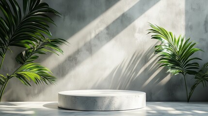 Poster - 3D render of an abstract background with a white stone podium platform and a shadow on a concrete wall, along with palm leaves in sunlight.