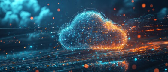 Poster - A digital cloud representation with glowing particles and light trails, symbolizing data transfer.
