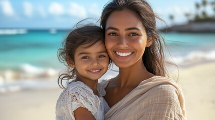 A beautiful young woman of Indian descent, smiling at the camera while holding her daughter on an empty beach in front of the sea.