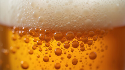 A close-up capturing the detail of the bubbles in the foam of an amber beer.