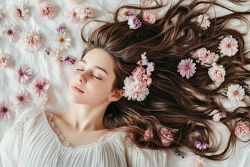 Top view of a girl resting on white fabric surrounded by delicate flowers at daytime