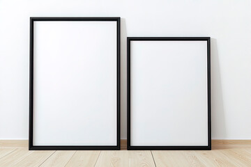 Mockup of two black framed blank picture frames on the floor