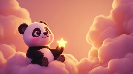 Canvas Print - Adorable cartoon panda holding a golden star while sitting on clouds against a sunset background.